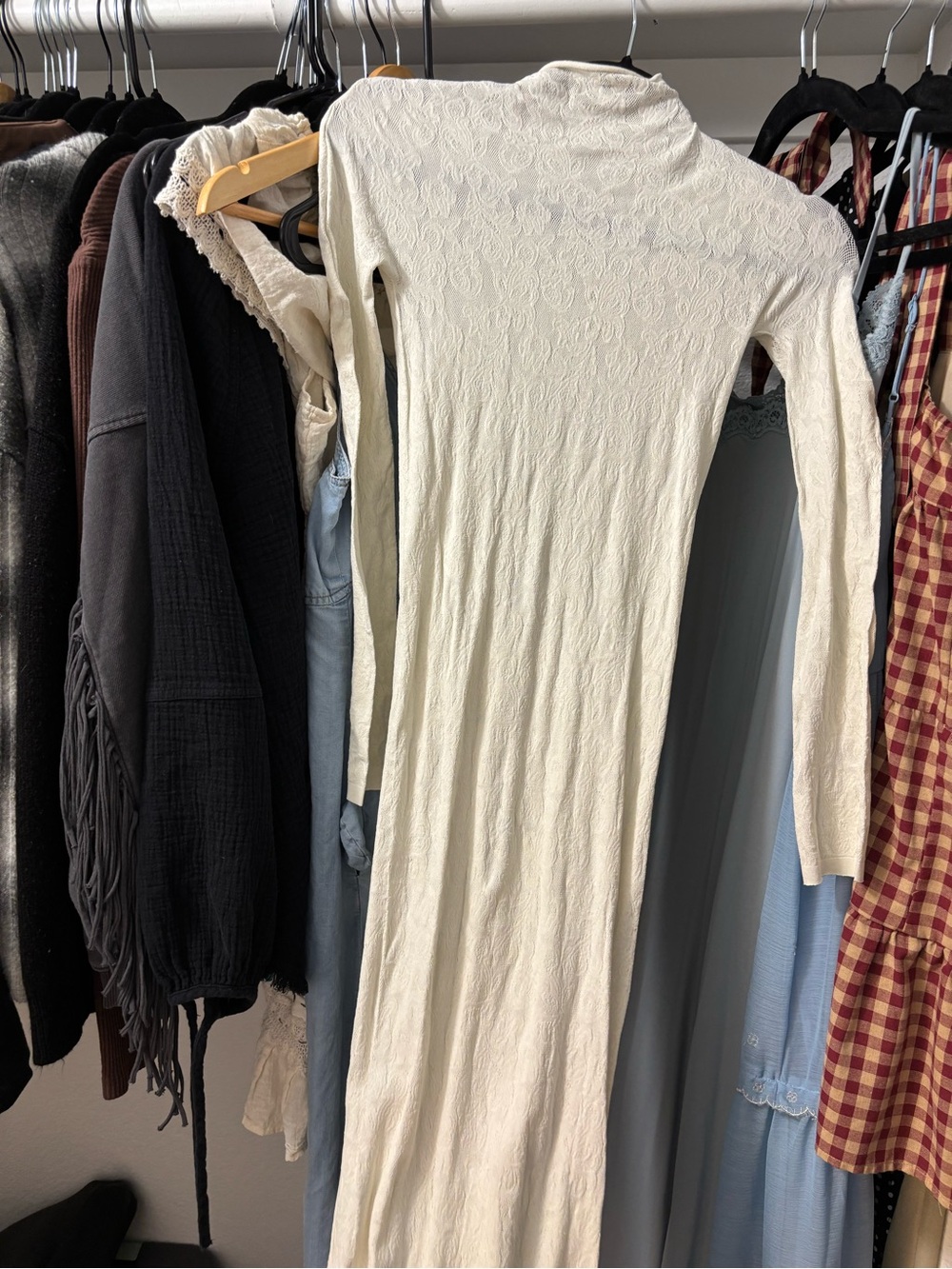 SKIMS Cream Long Sleeve Maxi Dress - Textured Ribbed Knit